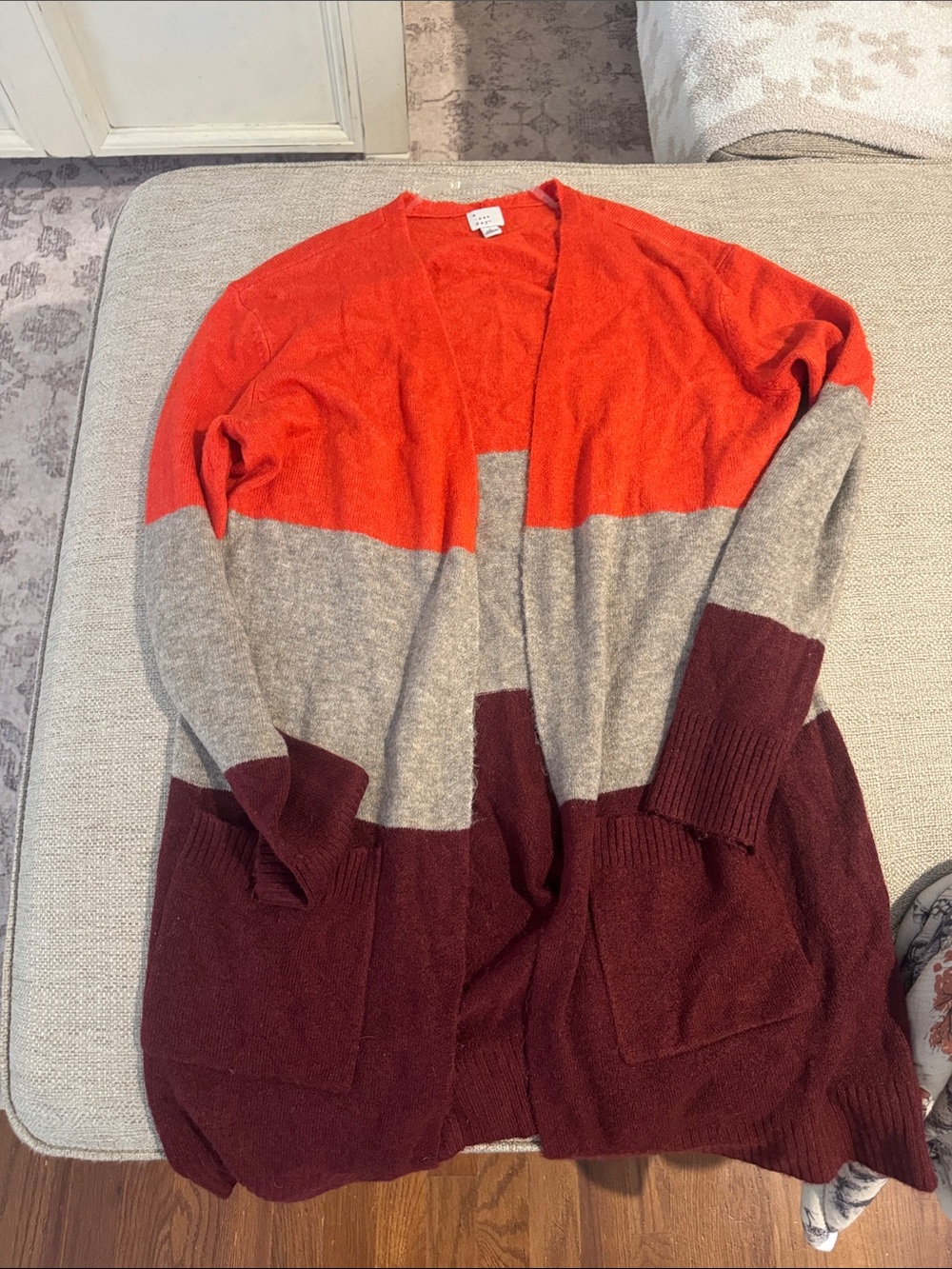 a new day Orange, Gray & Burgundy Open-Front Colorblock Cardigan